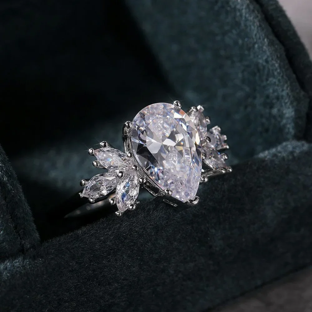 🌸Beautiful Water Drop With Leaf Crystal Pure CZ Silver Pear Wedding Ring, K800_7